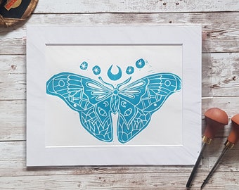 Moth Lino Print: Handprinted Insect Art, Witchy Decor (10x8 inch)