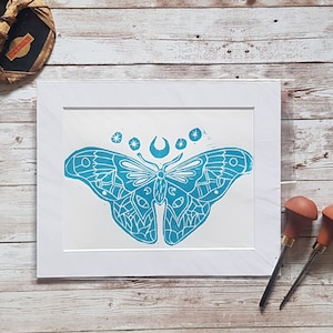 Moth Lino Print, Block Print, Handprinted Art, Relief Print, Insect Print, Insect Art, Small Artwork, Witchy Decor, Pastel Goth
