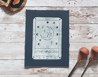 Moon Tarot Card Print, Block Print Art, Handprinted Relief Print, Lino Stamp Decor, Gothic Wall Art, Sun and Moon Print, Witchcraft Art