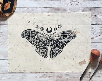 Goth Moth Lino Print: Handprinted Insect Art on Thai Mulberry Paper