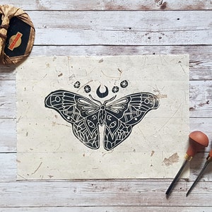 Goth Moth Lino Print, Block Print, Handprinted Art, Relief Print, Insect Print, Insect Art, Gothic Prints, Witchy Decor, Goth Decor
