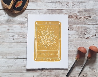 Sun Tarot Card Lino Print, Block Print, Handprinted Art, Relief Print, Goth Decor, Sun And Moon Print, Witch Decor, Celestial Print