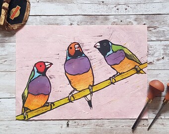 Gouldian Finch Lino Print: Limited Edition Bird Art