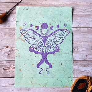 Luna Moth Lino Print, Block Print, Handprinted Art, Relief Print, Insect Print, Insect Art, Moon Phase Print, Gothic Prints, Witchy Decor