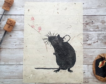 Mouse Lino Print: Handprinted British Wildlife Art on Mulberry Paper