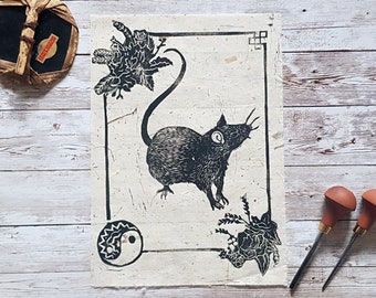 Year of the Rat Lino Print: Handprinted Chinese Zodiac Art