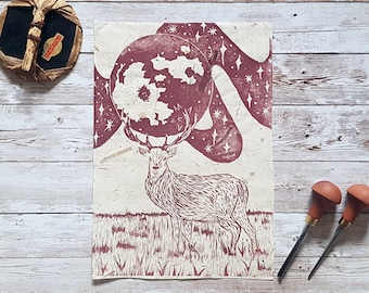 Stag Lino Print: Red Deer, Celestial Woodland Art