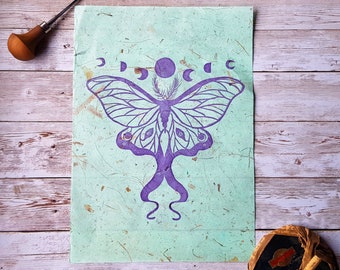 Luna Moth Lino Print, Block Print, Handprinted Art, Relief Print, Insect Print, Insect Art, Moon Phase Print, Gothic Prints, Witchy Decor