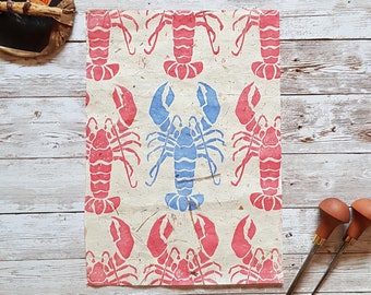 Blue Lobster Lino Print: Handmade Sea Creature Art on Thai Mulberry Paper