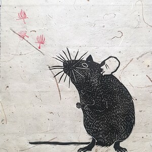May include: Black and white illustration of a mouse with a long tail and whiskers, looking up at three small red flowers on a light beige background.