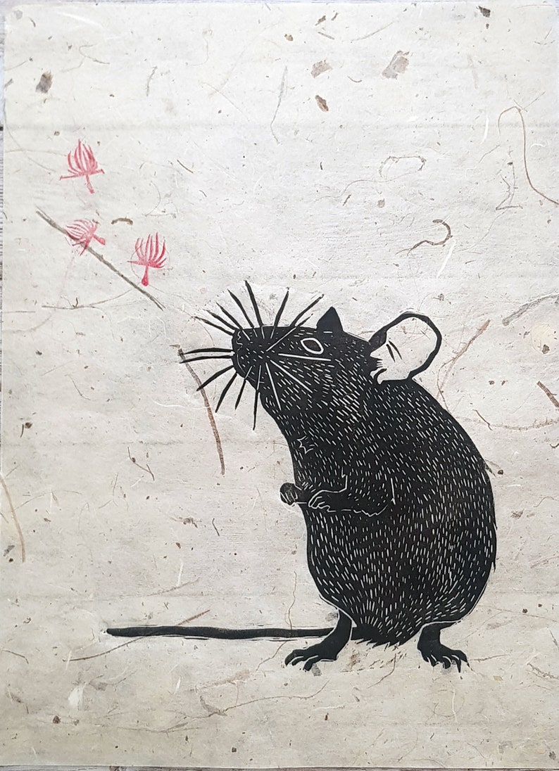 May include: Black and white illustration of a mouse with a long tail and whiskers, looking up at three small red flowers on a light beige background.
