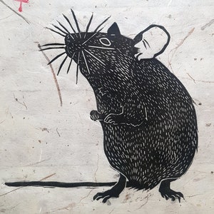 May include: Black and white illustration of a mouse with a long tail and whiskers. The mouse is drawn in a detailed style with a textured fur pattern.