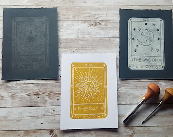 The Sun, Moon, And Star Tarot Card Bundle, Lino Art, Lino Print, Linocut Art, Witch Decor, Divination Cards, Goth Decor, Astrology Print