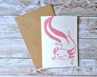 Axolotl Lino Print, Funny Birthday Card, Lino Art, Lino Print, Linocut Art, Galentines Day Card, Birthday Card For Her, Sea Creature Prints