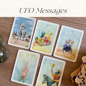 May include: Five rectangular tarot cards titled UFO Messages, featuring surreal illustrations including a figure on horseback, a tray of colorful vessels, a rider on a large beetle, a hand with glowing branches, and a figure holding a golden cup.