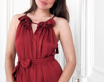 Burgundy Red Silk Midi Dress Loose Fit with Belt and No Sleeves