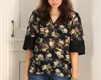 Black Floral Silk Cotton Blouse / V Neck Handmade Shirt / Zero Waste Eco Fashion / Extra Small Small Medium Large