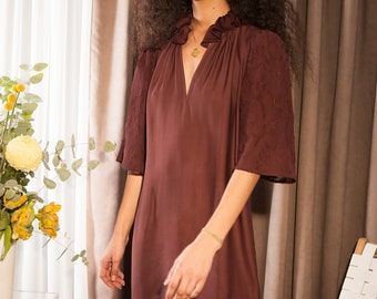 Size Extra Small to Large, Handmade, Knee Length Tunic Dress with Puffy Sleeves and Ruffle Collar