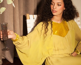 Size Extra Small to Large, Ethically Made, Chartreuse Seventies Style Kaftan Batwing Silk Dress
