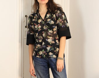 Black Floral Silk Cotton Blouse / V Neck Handmade Shirt / Zero Waste Eco Fashion / Extra Small Small Medium Large