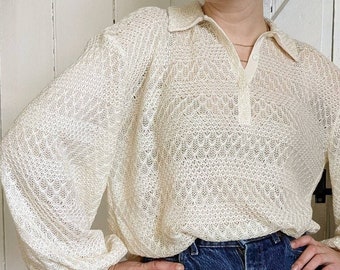 Size Extra Small to Large Handmade Lace Knit Balloon Sleeve Women's Polo Top