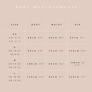 SIZE GUIDE. A table shows Body Measurements for each size offered which is extra small, small, medium and large or you can select made to measure. There isn't enough characters to allow me to give you all the measurements for the standard sizes!