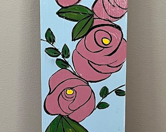 Funky Pink Flowers in Striped Vase Original Acrylic Painting on Wood / Wall Art / Flower Decor / Whimsical Flowers