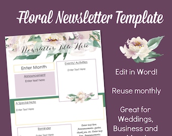 Newsletter Template Editable/ Edit in Word Newsletter/ Floral Newsletter/ Wedding Newsletter Template/Relief Society Newsletter Template