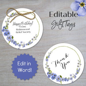 Etiqueta de presente editável com Forget Me Nots/Etiqueta de presente imprimível/Etiqueta de presente de casamento com flores de verão/Etiqueta de presente da Sociedade de Socorro/Etiquetas de frasco de vidro