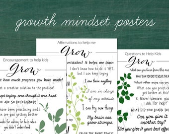 May include: Three white posters with black text and green botanical illustrations, promoting a growth mindset. The posters feature motivational phrases and questions. Text includes phrases like "Grow" and "You are so determined!"