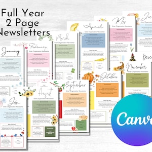 Monthly Newsletter Bundle/ Full Year Editable Newsletter Template/ Canva Newsletter/ HOA / Classroom / Relief Society / School