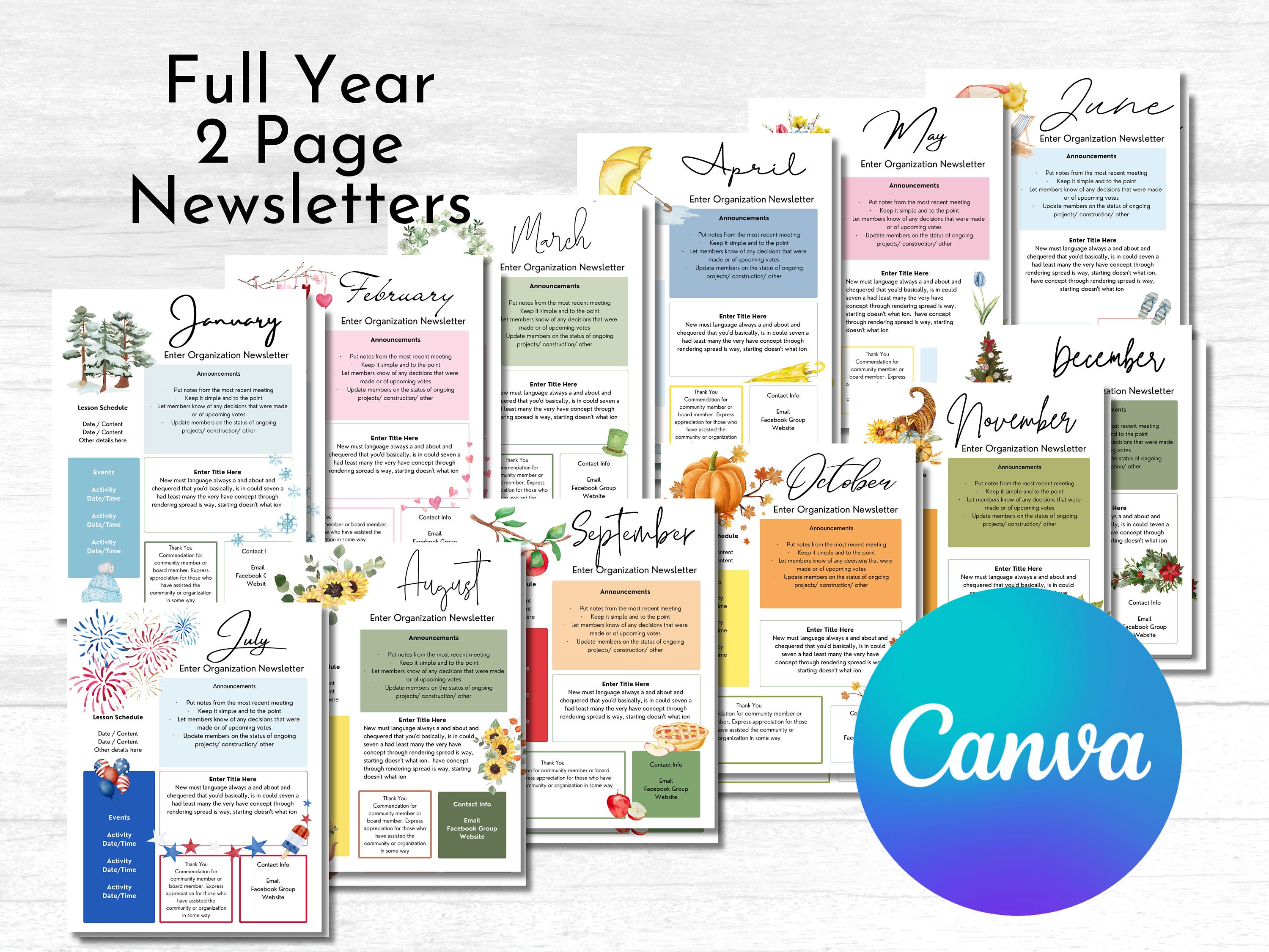 Monthly Newsletter Bundle/ Full Year Editable Newsletter Template/ Canva Newsletter/ HOA / Classroom / Relief Society / School
