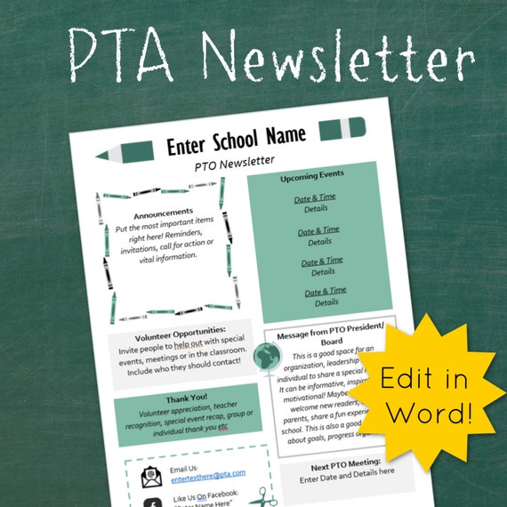 PTO PTA Newsletter Template Editable in Green/ Printable Etsy
