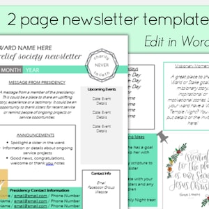 Editable Relief Society Newsletter/ 2 page/ LDS Newsletter Template/ Editable Newsletter Template/ RS Newsletter