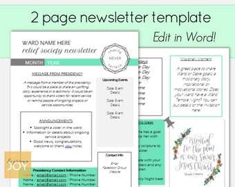 Editable Relief Society Newsletter/ 2 page/ LDS Newsletter Template/ Editable Newsletter Template/ RS Newsletter