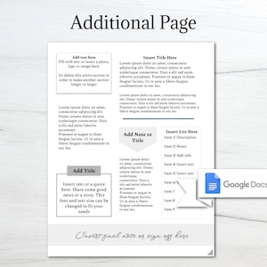 May include: A printable page with a light grey background and black text. The page is divided into sections with titles such as "Add Text Here", "Insert Title Here", "Add Note or Title", and "Insert List Here". The page is designed to be used as a template for creating additional pages in a document.