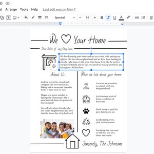 May include: A handwritten letter with a heart and the words "We Love Your Home" at the top. The letter is addressed to the seller of a home and expresses excitement about purchasing the home. The letter also lists reasons why the buyers love the home, including the location, architecture, and yard.