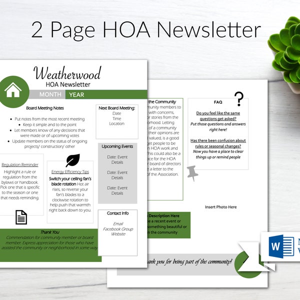 HOA Newsletter/ Neighborhood Newsletter/ Editable Newsletter Template/ Edit in Word/ Home Newsletter/ Home Owners Association