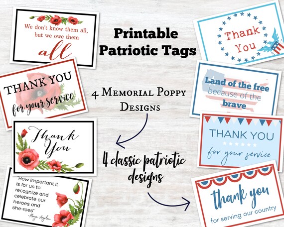 Printable Veterans Day Cards Patriotic Gift Tags Memorial Etsy