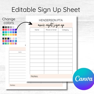 May include: Editable sign-up sheet template for a movie night event. The sheet includes sections for name, phone or email, and category. It also has a section for notes. The template is designed in a simple and modern style with a peach background.