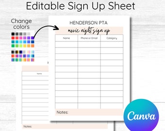 Plantilla de hoja de registro de Canva / Formulario de registro editable / Hoja de inicio de sesión / Registro horizontal y vertical / Registro por correo electrónico y teléfono