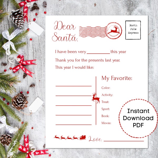 Letter to Santa Printable/ Christmas List/ Wishlist/ Santa Letter Printable/ Template/ Santa Claus Latter/ Santa Mail