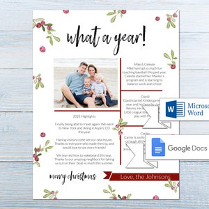 Tarjeta de Navidad de revisión del año/ Plantilla de boletín de revisión del año/ Plantilla de boletín editable/ Editar en Word/ Boletín familiar