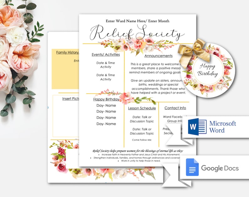 May include: A printable newsletter template for a Relief Society group. The template has sections for family history, events and activities, announcements, lesson schedule, and contact info. The template is decorated with pink and white flowers.