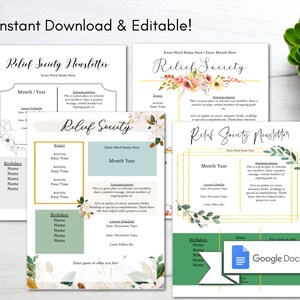 Könnte beinhalten: Eine druckbare Vorlage für einen Hilfsgesellschaft-Newsletter. Die Vorlage zeigt ein florales Design mit einem hellgrünen, weißen und gelben Farbschema. Der Text enthält die Wörter "Hilfsgesellschaft-Newsletter", "Monat/Jahr", "Veranstaltungen", "Geburtstage", "Unterrichtsplan" und "Ankündigungen".