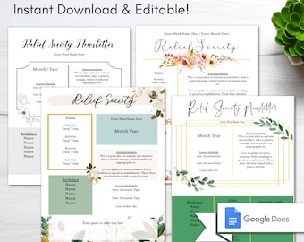 Relief Society Newsletter Template/ Edit in Google Docs/ LDS Newsletter Template Package/ Google Doc Newsletter/ Young Women Newsletter