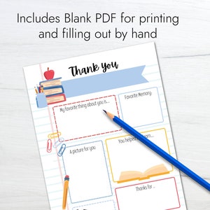 May include: Printable thank you card for teachers with a stack of books, an apple, and a pencil. The card has lines for writing a message and a space for a picture.