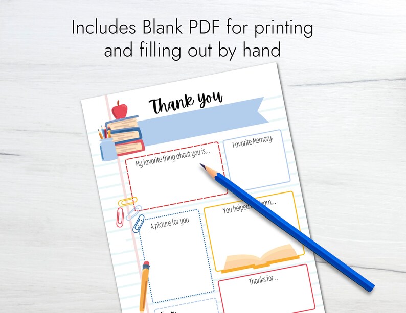 May include: Printable thank you card for teachers with a stack of books, an apple, and a pencil. The card has lines for writing a message and a space for a picture.