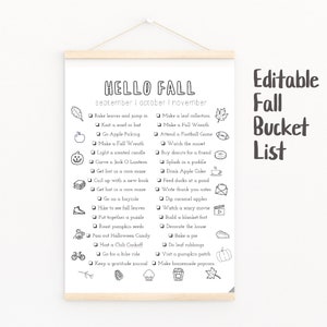 Puede incluir: Una lista de verificación imprimible para actividades de otoño. La lista incluye actividades como rastrillar hojas, ir a recoger manzanas, hacer una corona de otoño, tallar una calabaza, y mucho más. La lista se titula "Hello Fall" y está diseñada para ser editada.