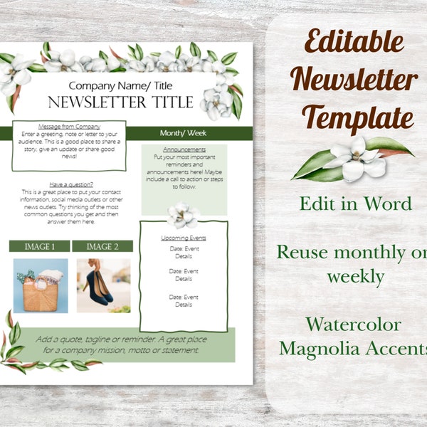 Editable Newsletter Template/ Edit in Word Newsletter/ Magnolia Newsletter/ Wedding Newsletter Template/Relief Society Newsletter Template
